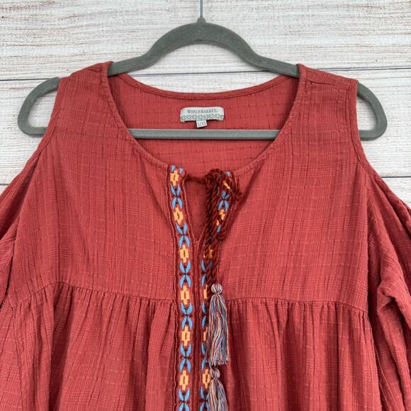 World Market BOHO Embroidered Cold Shoulder Blouse Womens L XL Brick Red - Picture 5 of 11
